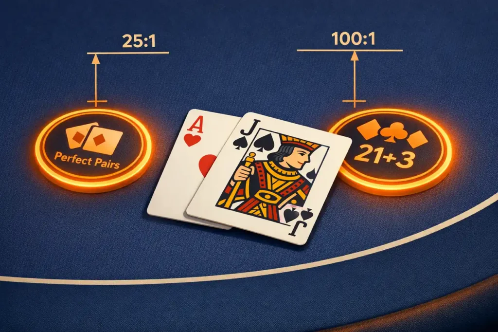 Bonus Blackjack tafel met Perfect Pairs zijbet markers
