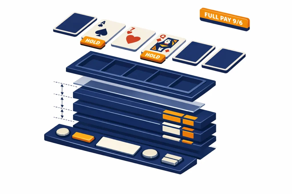 Video poker Jacks or Better interface met vijf kaarten