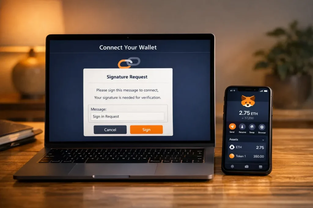 Ethereum casino wallet signing bij laptop en telefoon