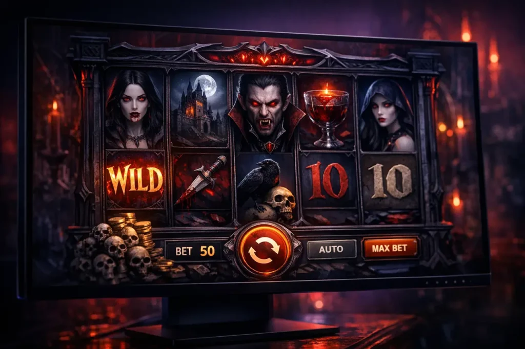 Immortal Romance slot banner met vier karakters