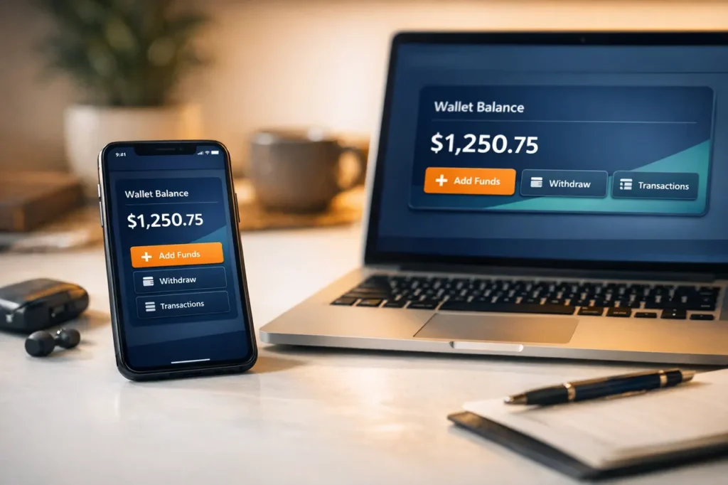 MiFinity casino e-wallet dashboard op smartphone en laptop