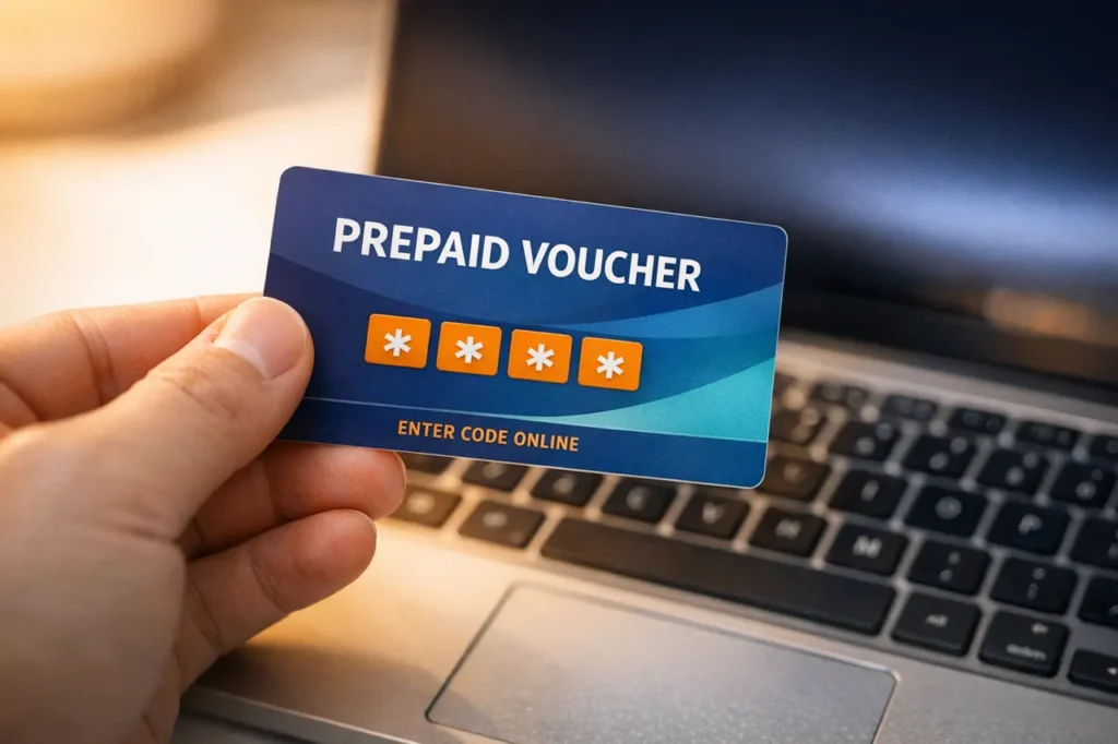 Neosurf casino voucher boven laptop in warme setting