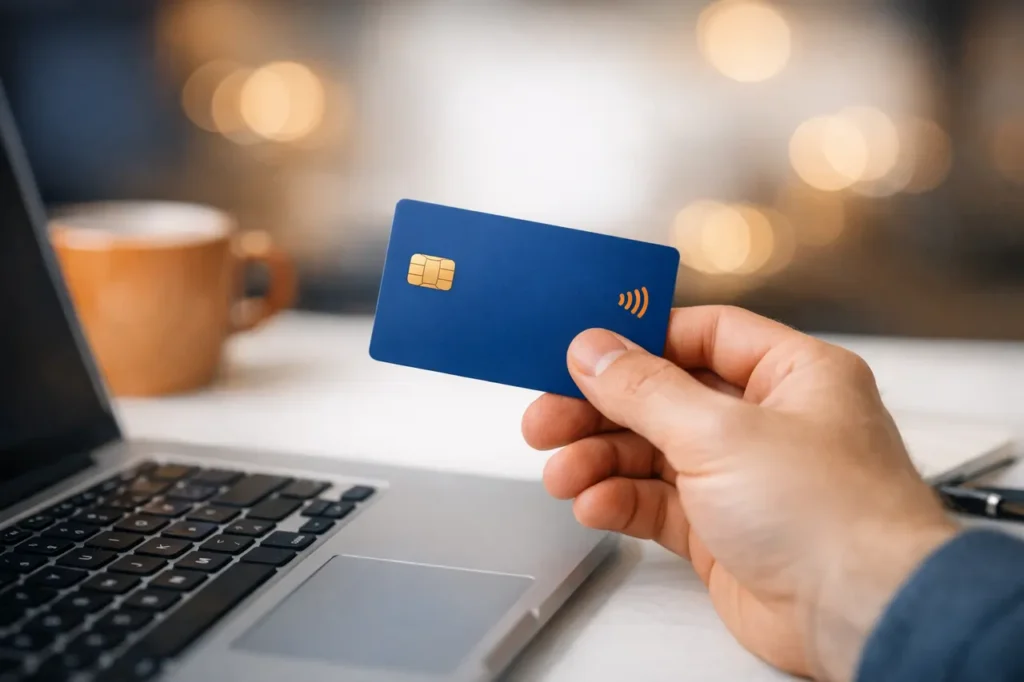 Visa casino storting met blauwe debitkaart bij laptop